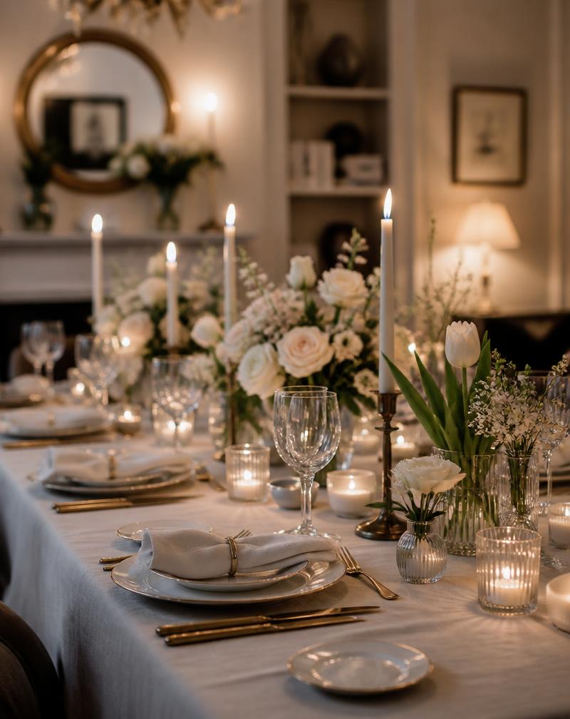Table dressée pour le dîner avec fleurs et bougies, mise au point douce